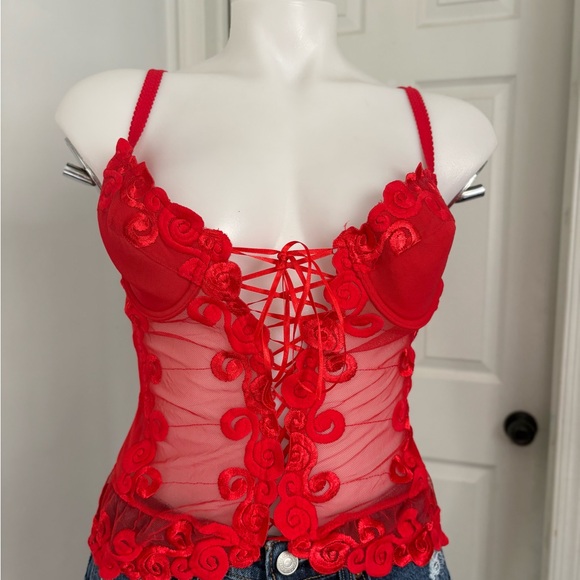 Lily  Red Lace-Up Sheer Top - Picture 4 of 15